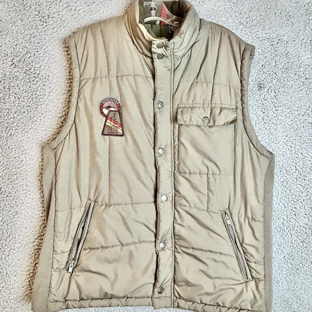 Vintage Quiksilver Puffer Vest Beige Brown Zip Up Men's Large Skater Surf Grunge